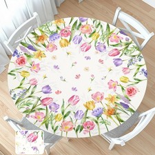 Spring Summer Easter Round Fitted Tablecloth with Elastic Edge Tulip Lavender...