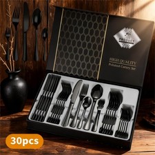 30 piece cutlery set stainless steel black tableware dining fork spoons etc UK