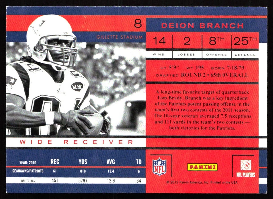 2011 Playoff Contenders #8 Deion Branch - Image 2 of 2
