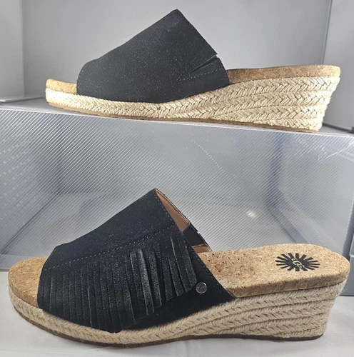 UGG Australia sandali donna con zeppa scamosciati con frange neri taglia 7