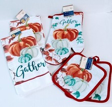 New Fall Themed Pumpkins "Gather" Sentiment 5pc Kitchen Towel Set