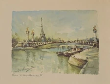 Paris Le Pont Alexandre III Vintage Watercolor Print by Lucien Delarue 
