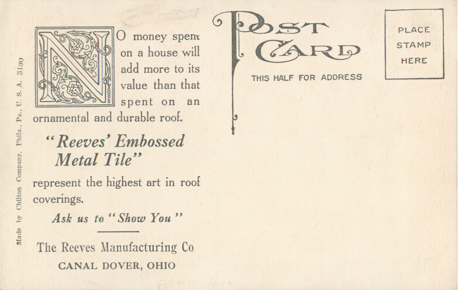 Reeves Embossed Roofing Tile, Advertising PC, Reeves Mfg, Canal Dover, Ohio OH 