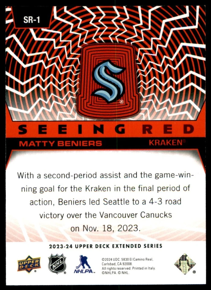 2023-24 Upper Deck Extended Series Seeing Red Matty Beniers #SR1 - Image 2 of 2