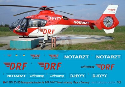 Peddinghaus 1/87 (HO) EC135 P1 Helicopter Markings D-HYYY DRF Christoph 36 3274