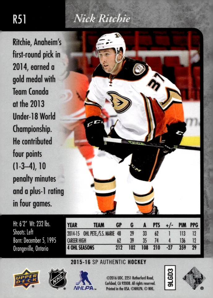 Nick Ritchie - Signed 2015-16 Upper Deck SP Authentic Premier Prospects #R51 - Image 2 of 2