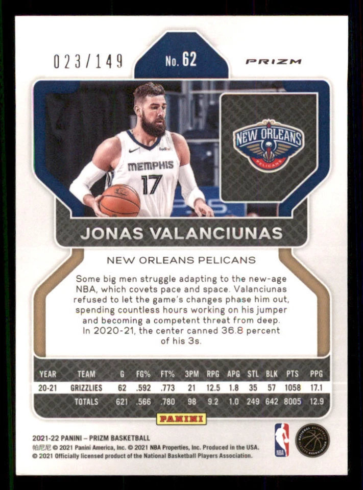 2021-22 Panini Prizm Prizms Purple Ice #62 Jonas Valanciunas /149 - Image 2 of 2