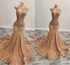 Gold O Neck Prom Dress Beaded Crystal Birthday Party Dresses Sequined Evening