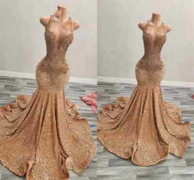 Gold O Neck Prom Dress Beaded Crystal Birthday Party Dresses Sequined  Evening