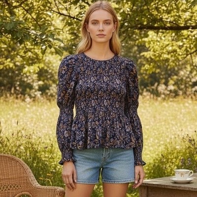 Universal Thread Purple Floral Smocked Peplum Top Long Puff Sleeve Blouse Size M