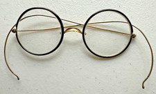 Antique Wire Rim Spectacles Round Glasses w/ Case Gold Tone Riding Bow 1900s
