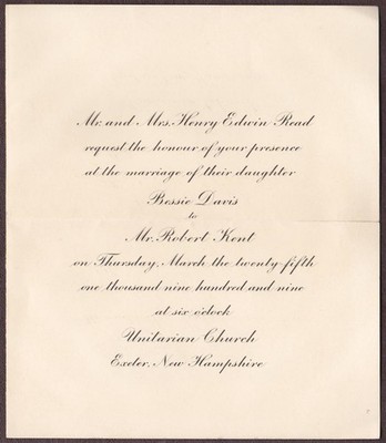Robert Kent & Bessie Davis Read Marriage Announcement - Exeter, NH (1909)