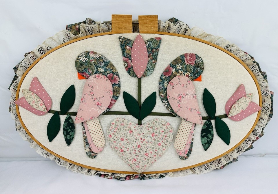 Vintage Handmade Birds Cottage Prairie Folk Textile Wall Art Appliqué Wood Hoop