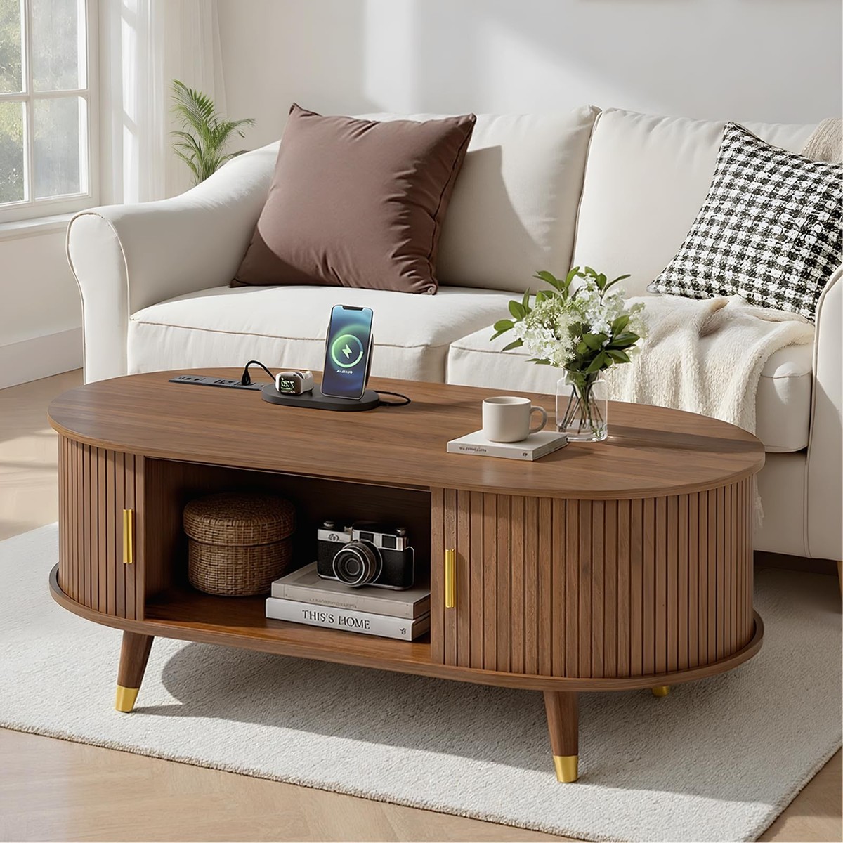 Mid-Century Fluted Oval Coffee Table with 360° Tambour Doors