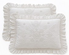 Pottery Barn Floral Heavily Embroidery White Ruffle Pillow Sham Pair Cottagecore