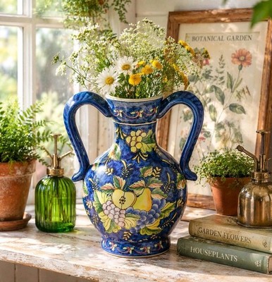Vintage Hand Painted Blue Majolica Ceramic Vase Urn Double Handle Fruit Design