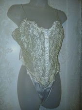 Vintage Dentelle White Satin Sheer Floral Lace Hi-Cut Thong Teddy Bodysuit M EUC