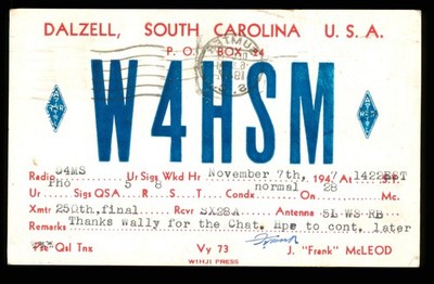 QSL Amateurfunk USA W4HSM J Frank McLeod 1947 Dalzell South Carolina - E408