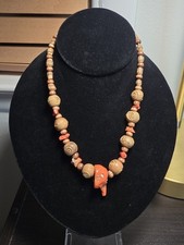 Vintage Necklace Tribal Themed Beaded Carved Wood & Red Coral Vintage Jewelry