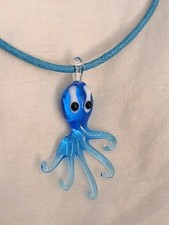 Blue Glass Octopus Pendant Necklace Whimsical Beachy Ocean Jewelry