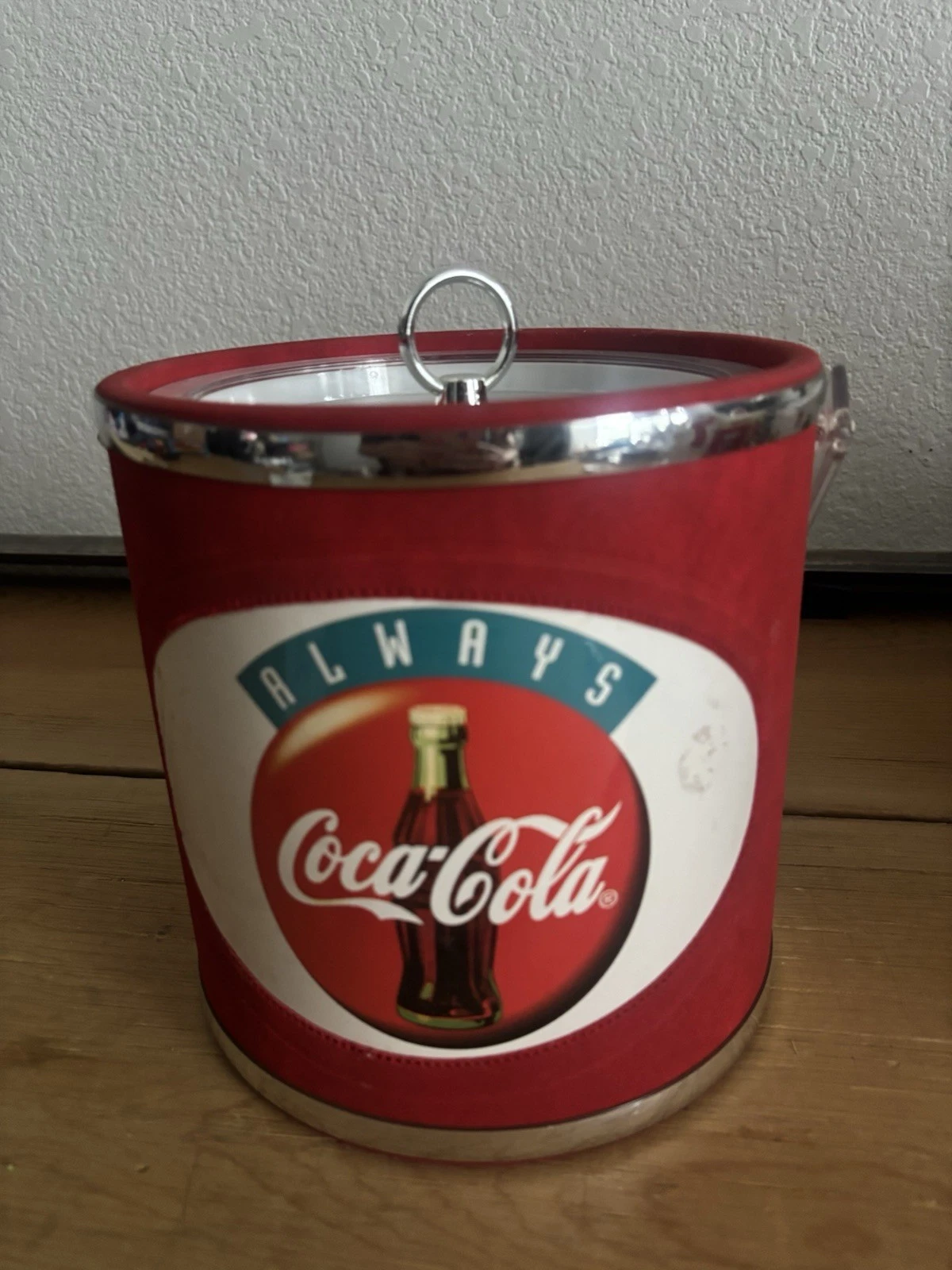 Vintage Coca-Cola Ice Bucket Plastic Red Felt Made USA Ice Chest 8X8” Nice!