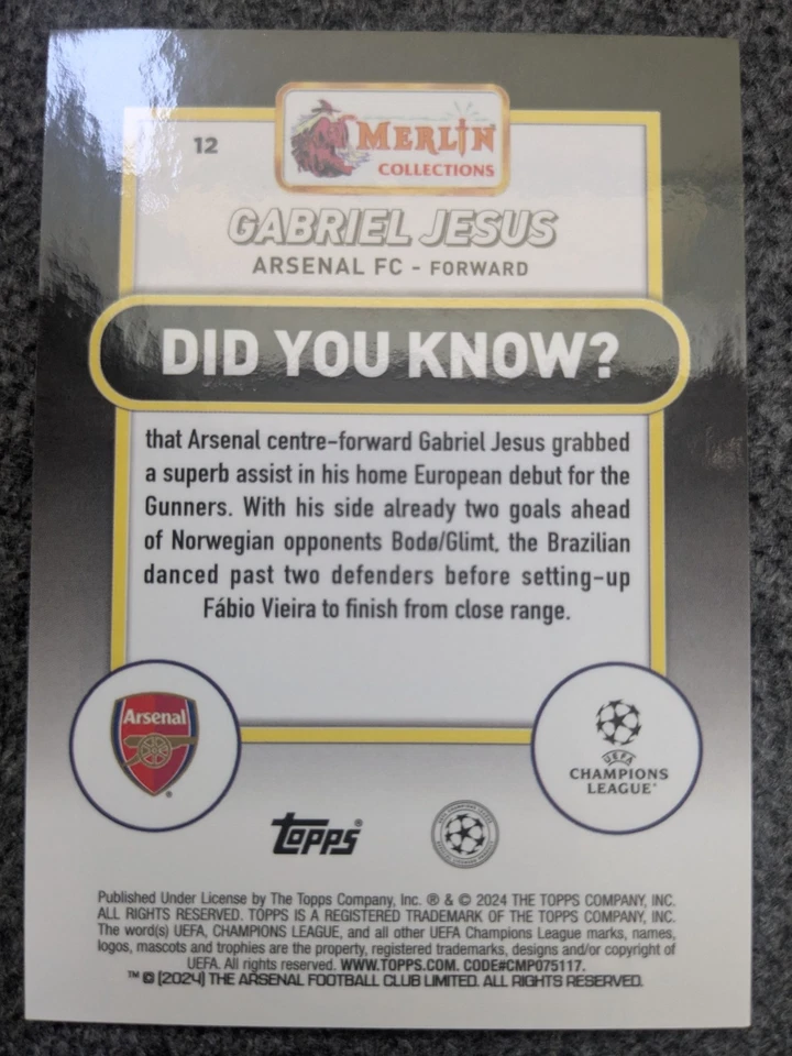 2023-24 TOPPS MERLIN CHROME UEFA GABRIEL JESUS BLACK REFRACTOR#12#D07/10 - Image 2 of 2