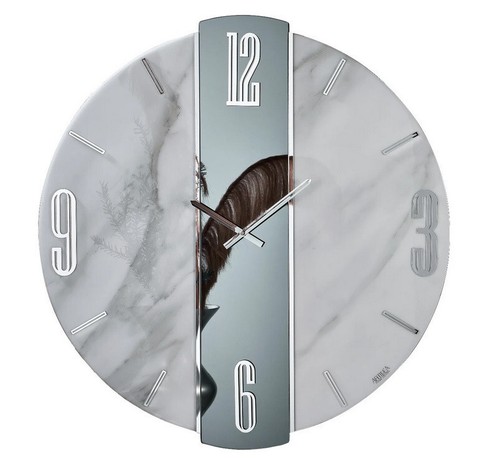 Orologio Da Parete Rotondo In Resina Effetto Marmo - 40 Cm, Made In Italy, Foglia Oro, Numeri Romani