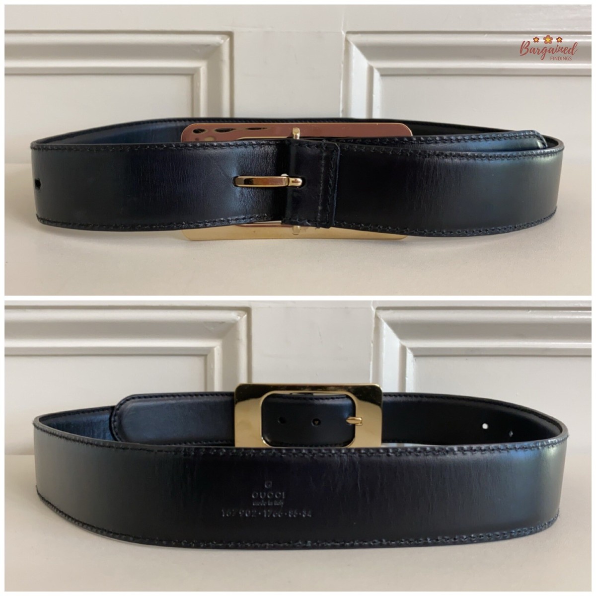 Authentic Gucci Black Leather Belt with Antiqued Gold size 85 Authentic Gucci Black Calfskin Leather Gold Large Square  main image 4