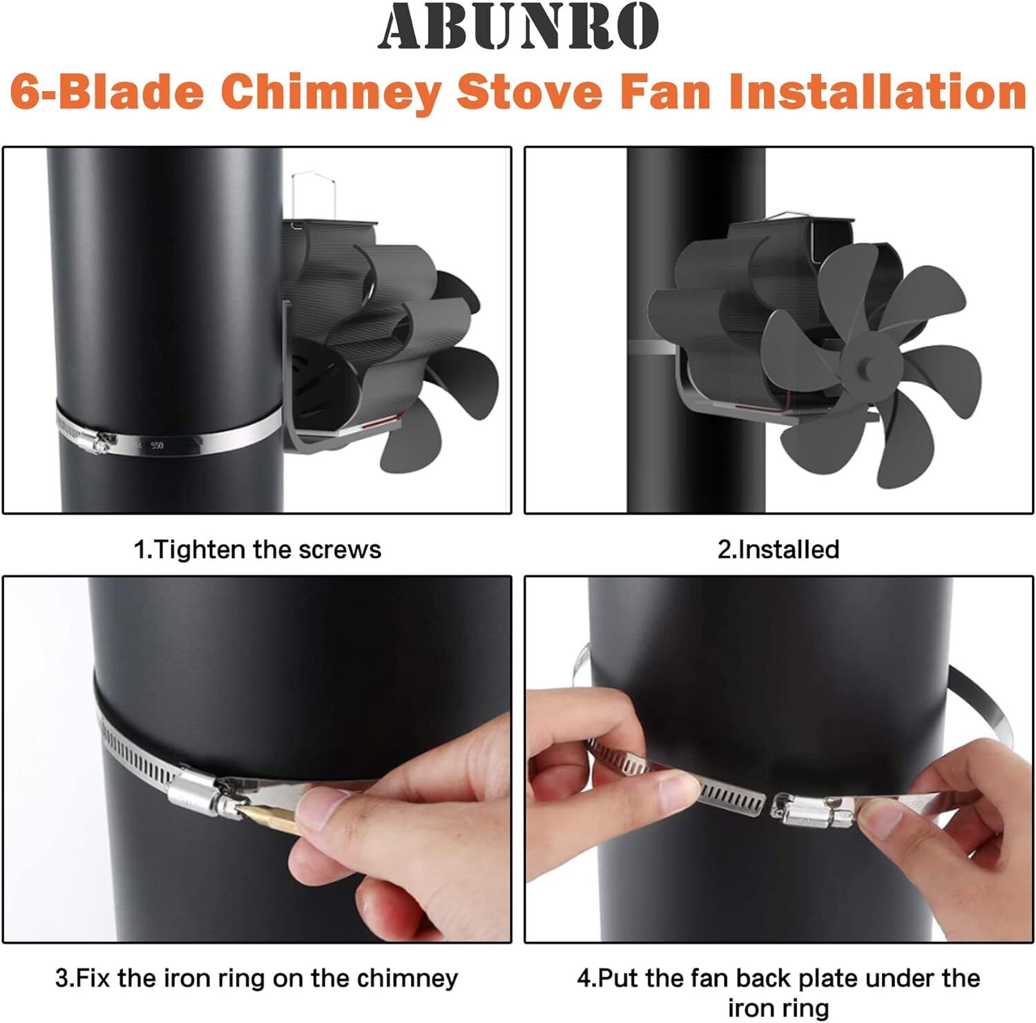 ABUNRO 6Blades Wood Stove Fan with Hose Clamp, Pipe Heat Powered Stove