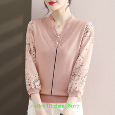 Women's Floral 3/4 Sleeve Knit V-neck Tops Spring Summer Pullover T-shirt Blouse