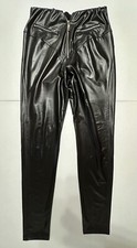 Solid Black Shiny Faux Leather Pants Tapered Leg Zipper Pockets Women's Size Med