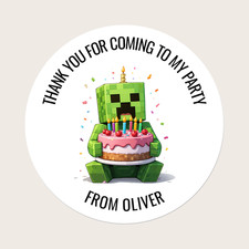 Personalised Round Birthday Party Sweet Bag Stickers Kids Minecraft Creeper Cake