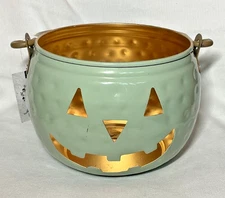 MORTAR & BONE 9.5 x 7 inches Metal BUCKET JACK O LANTERN GREEN GOLD NWT