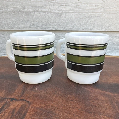 Vtg Fire King Anchor Hocking Green/Black Stacking Milk Glass Coffee Mugs Cup (2)