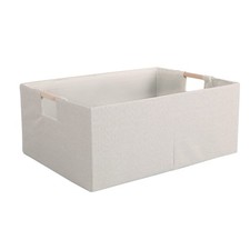 Foldable Cotton Linen Fabric Storage Box Basket Wooden Handle 16x12 Inch