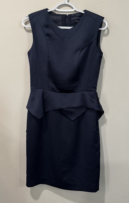 ALMA MILANO Navy Blue Sleeveless Peplum Waist Career Party Dress Silk Like Sz 6
