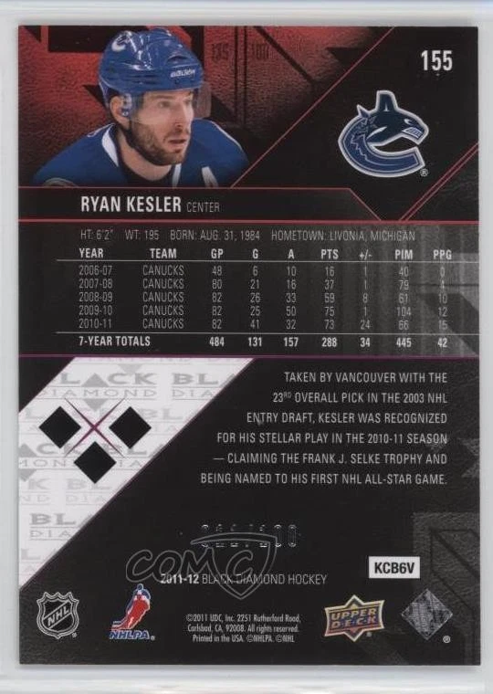 2011-12 Upper Deck Black Diamond Ruby /100 Ryan Kesler #155 - Image 2 of 2