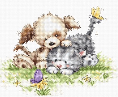 Kreuzstich Set Luca-S - Hund und Katze mit Schmetterling, B1185