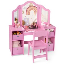 COSTWAY Kids Vanity Table & Chair Set 2-in-1 Princess Pretend Play Makeup Vanity