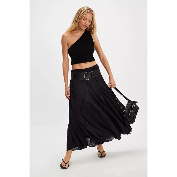 Free People Madras That Solid Linen Maxi Skirt Mid-rise Pull On Black Small S