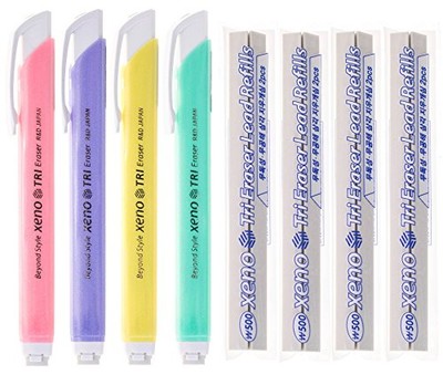 Xeno Tri-II Retractable Click 4 Erasers and 8 Refills (Assorted Colors Bundle)