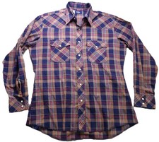 VTG Wrangler Pearl Snap Shirt 80s Western Plaid Cotton Blend Men L Long Sleeves