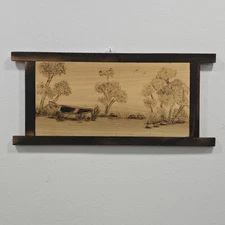Pyrography Wood Burning Wall Art Plaque Boat Moored Near Water Trees Framed