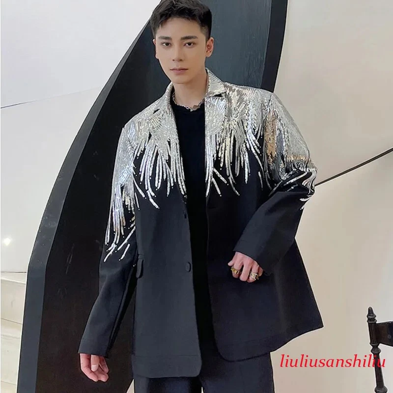 Embroidery Sequin Trend Casual Men's Blazer Fashion Jacket Streetwear Suit Coat