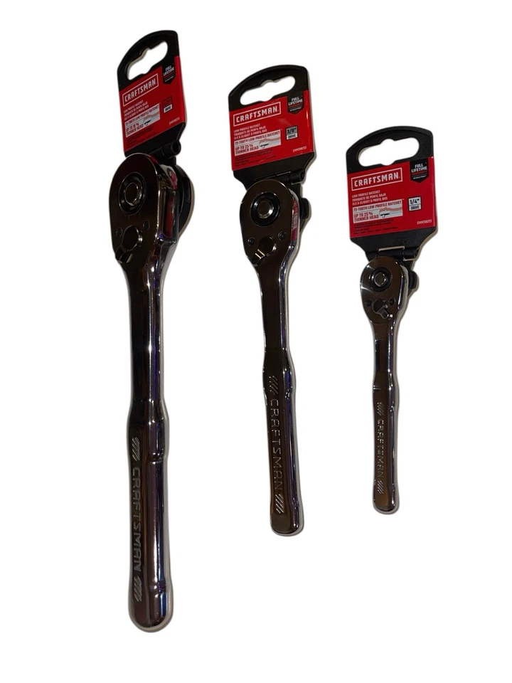 Craftsman 3 Piece LOW PROFILE Ratchet Socket Wrench Set 1/2" 3/8" & 1/4" Drive - Image 2 of 4