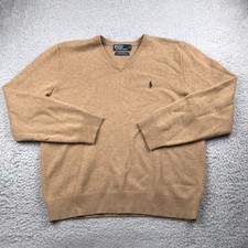 Polo Ralph Lauren Sweater Mens L Tan 100 Lambswool Knit V Neck Pullover