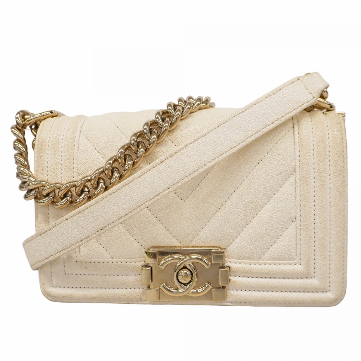 Chanel Boy V Stitch Shoulder Bag in White Champagne 374547