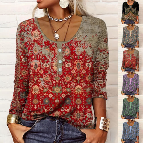 Plus Size Women Boho Floral Long Sleeve Tops Tunic Blouse Lady T-Shirt Pullover