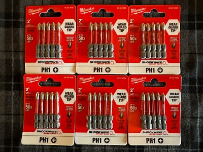 New Lot Of 6 Milwaukee Shockwave Impact Duty Phillips Bits 2'' PH1 -30 Bits Total