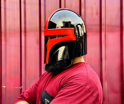 Mandalorian Red Steel Helmet Cosplay Star War Boba Fett Helmet Handmade Gift - Picture 3 of 5